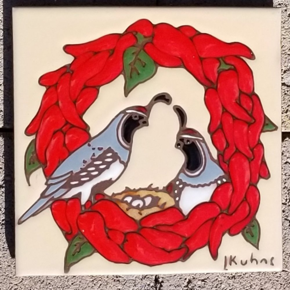 1990 Vintage Earthtones Quail /Chili Peppers Terra Cotta Tile/Trivet | L Kuhne